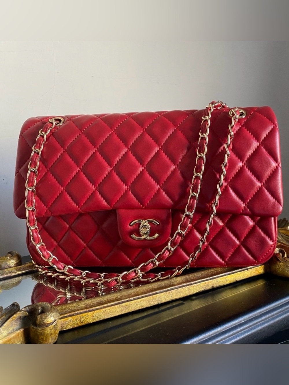 Quilted Flap Shoulder Bag in Red with Gold Hardware